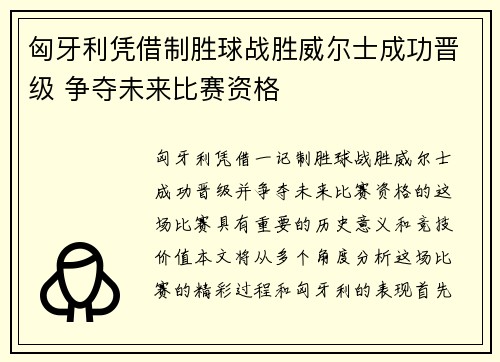 匈牙利凭借制胜球战胜威尔士成功晋级 争夺未来比赛资格