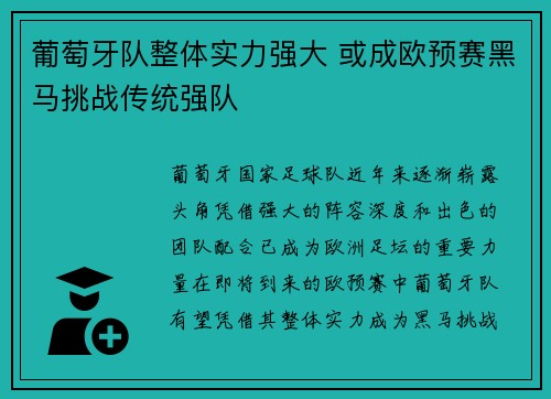 葡萄牙队整体实力强大 或成欧预赛黑马挑战传统强队