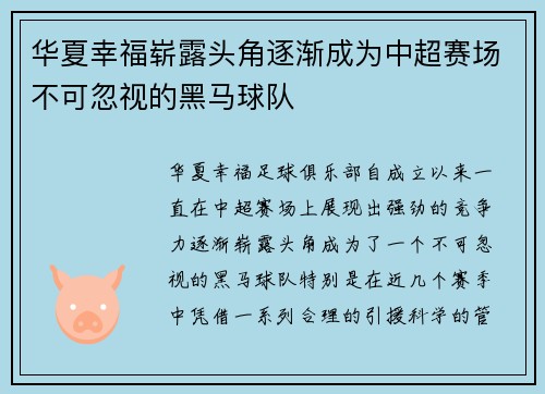 华夏幸福崭露头角逐渐成为中超赛场不可忽视的黑马球队