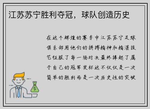 江苏苏宁胜利夺冠，球队创造历史