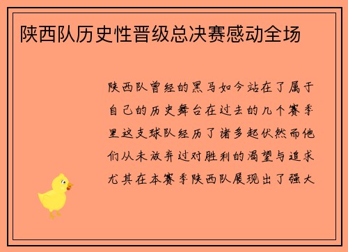 陕西队历史性晋级总决赛感动全场