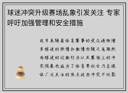 球迷冲突升级赛场乱象引发关注 专家呼吁加强管理和安全措施