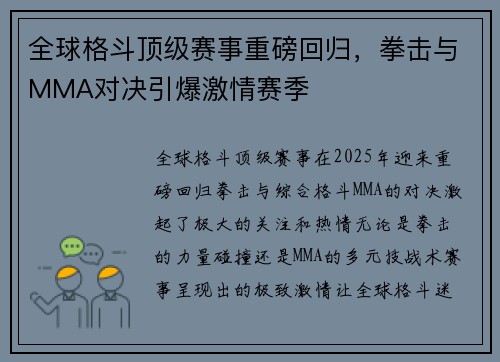 全球格斗顶级赛事重磅回归，拳击与MMA对决引爆激情赛季