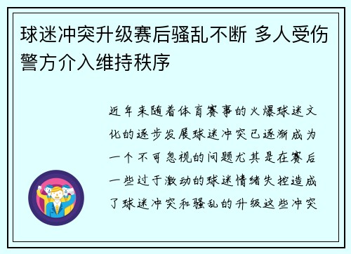 球迷冲突升级赛后骚乱不断 多人受伤警方介入维持秩序