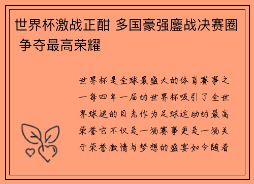 世界杯激战正酣 多国豪强鏖战决赛圈 争夺最高荣耀