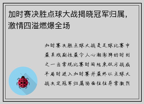 加时赛决胜点球大战揭晓冠军归属，激情四溢燃爆全场